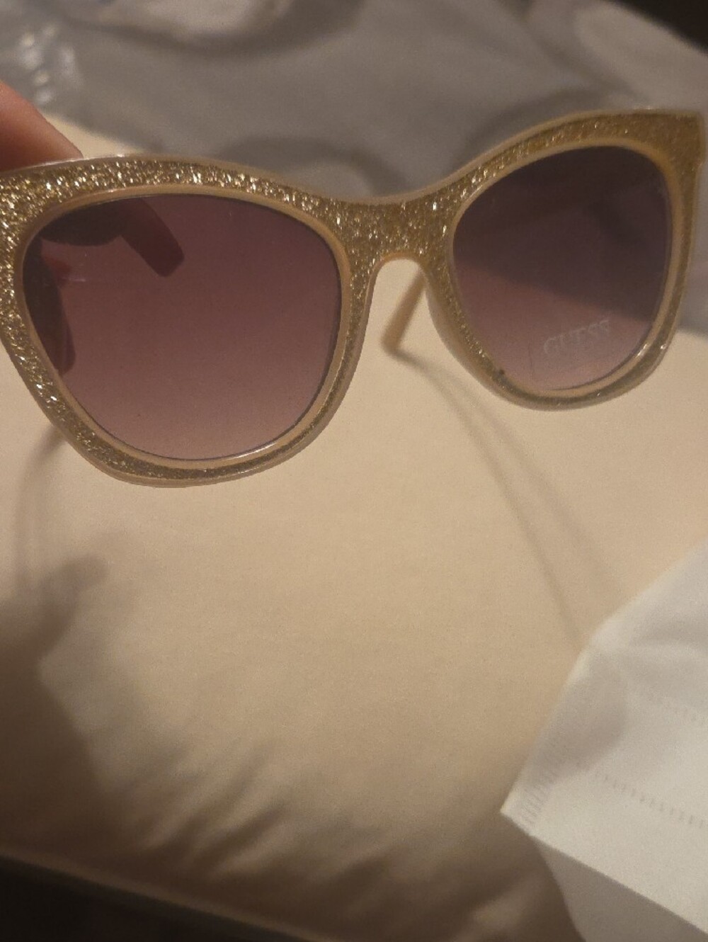 GUESS Gold Glitter Cat Eye Sunglasses with Purple Gradient Lenses(47) - Picture 3 of 4